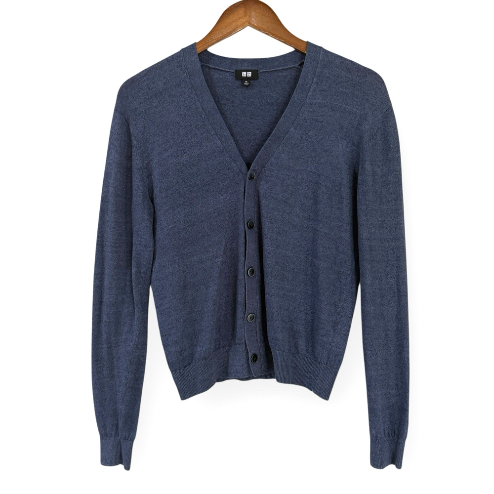 Uniqlo Linen Blend Button Front Cardigan Womens Size XS Blue V-Neck Long Sleeve